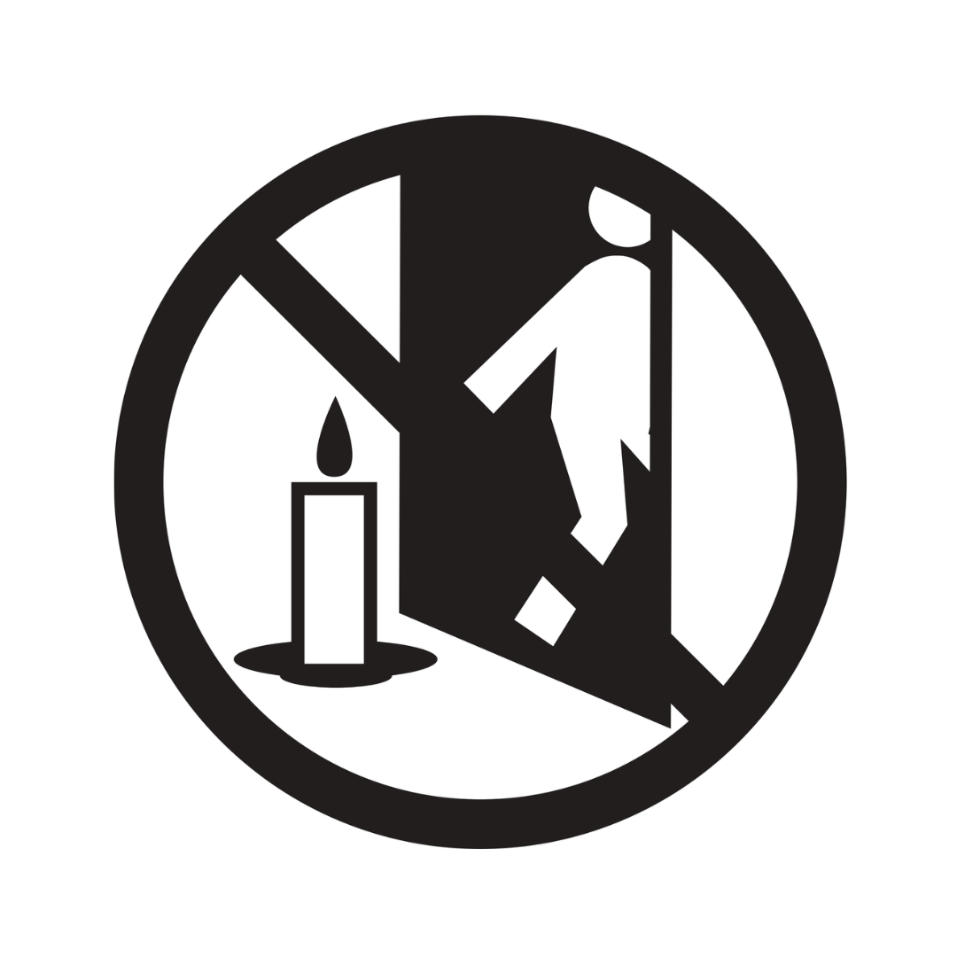 Do not leave unattended safety pictogram depicting the international no symbol over the image of a person walking out of a room with a lit candle